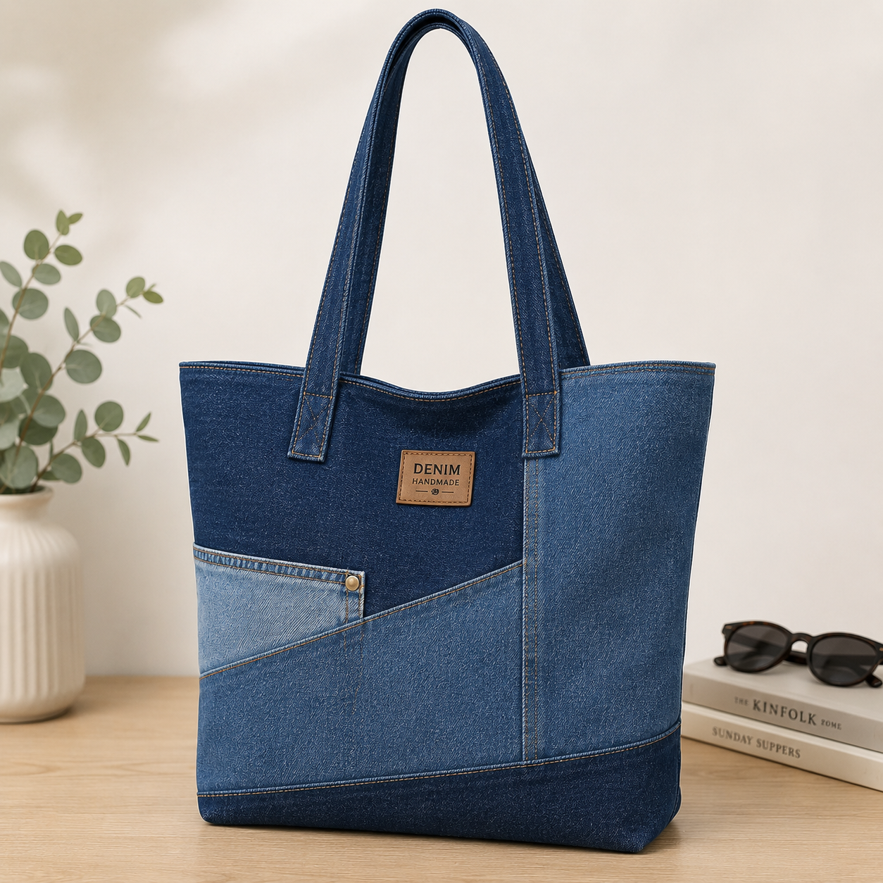 Premium Denim Tote Bag Reusable with Stylish Graphic Print
