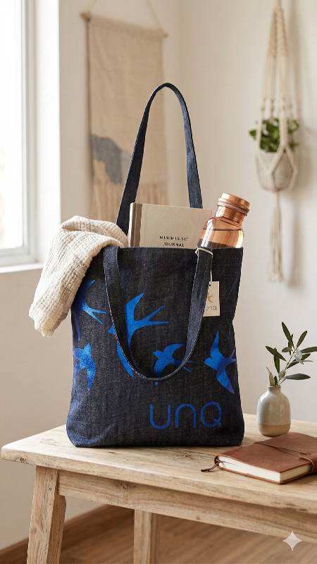 Premium Denim Tote Bag Reusable with Stylish Graphic Print